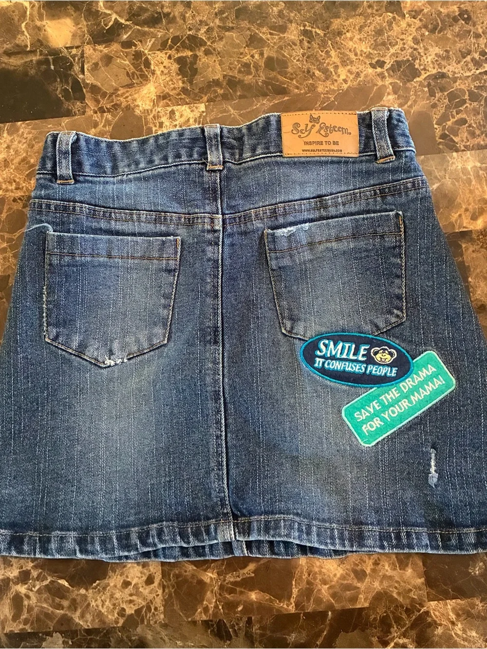 Embellished Blue Denim Patch Mini Skirt